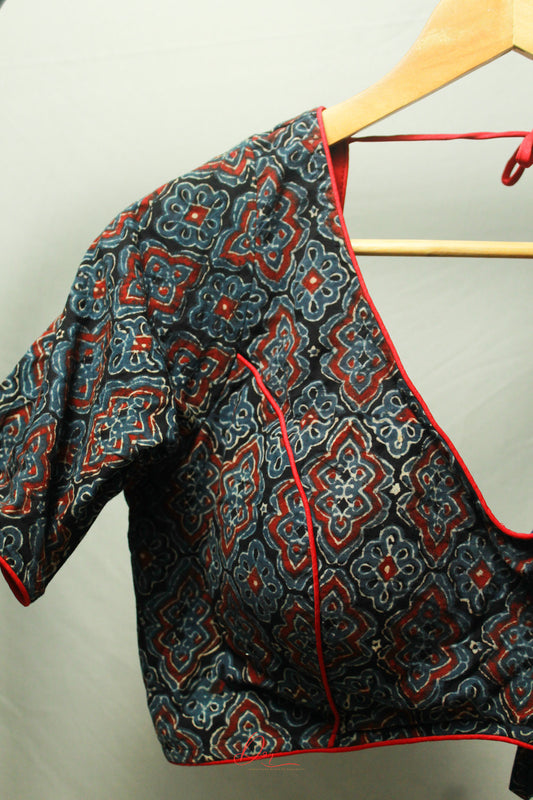 Blue Ajrakh Soft V Neck Glass Sleeves Blouse