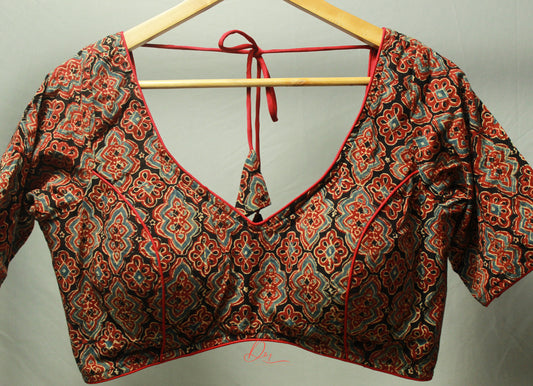 Bright Red Ajrakh Soft V Neck Glass Sleeves Blouse