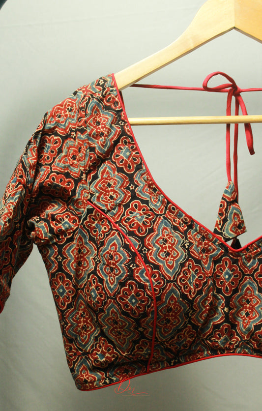 Bright Red Ajrakh Soft V Neck Glass Sleeves Blouse