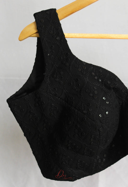 Black Lucknowi Sequins Sweetheart Neck Blouse