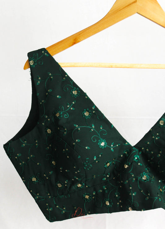 Bottle Green Lucknowi Sequins V Neck Blouse
