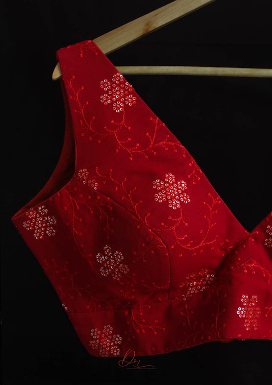 Bright Red Lucknowi Sequins V Neck Blouse