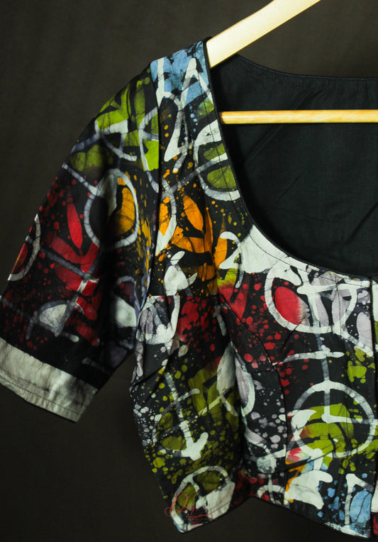 Black Hand Batik Geometric Glass Sleeves Blouse