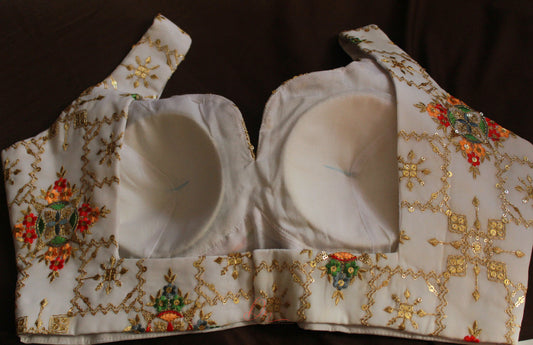 White Embroidered Sequins Sweetheart Neck Blouse