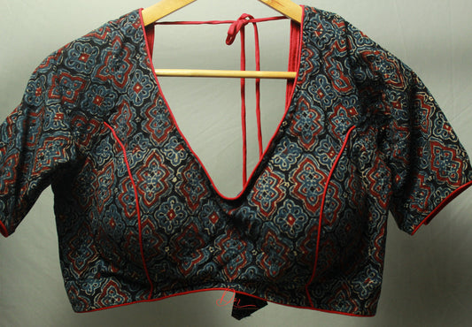 Blue Ajrakh Soft V Neck Glass Sleeves Blouse